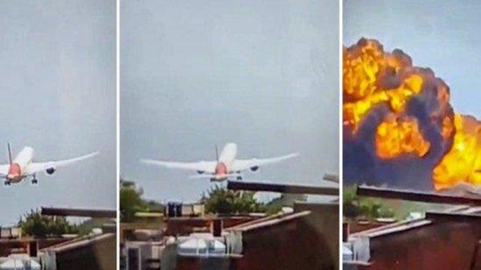 DETIK-DETIK AIR INDIA JATUH - Pesawat Boeing 787 Dreamliner Air India nomor penerbangan AI 1717 tujuan Bandara Gatwick, London. Kecelakaan diduga akibat gagal daya angkat setelah lepas landas, sementara analis lain menduga penyebabnya adalah tabrakan dengan burung (bird strike).