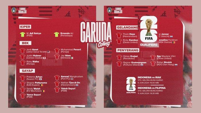 Daftar Pemain Timnas Indonesia untuk pertandingan Lawan Irak dan Filipina di kualifikasi Piala Dunia 2026