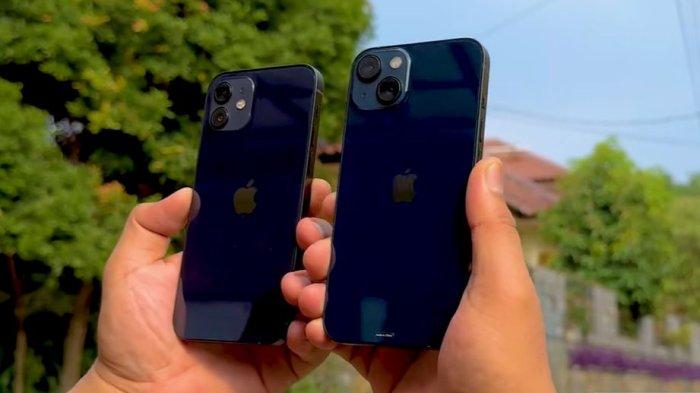 Ilustrasi iPhone 12 dan iPhone 13 dengan varian warna sama.