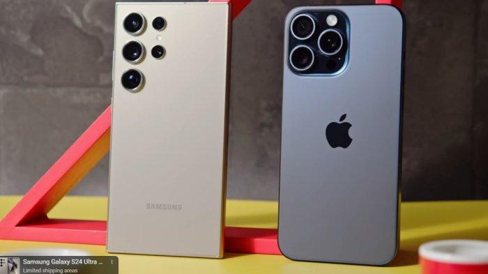 Ilustrasi iPhone 15 Pro Max dan Samsung S24 Ultra.