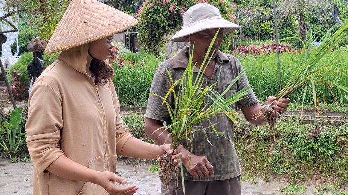 Parno, pengelola Kampung Sawah tengah memberikan petunjuk penanaman bibit padi