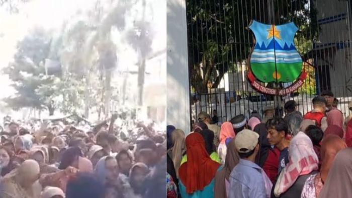TEWAS BERDESAKAN - Warga mengantre di gerbang pendopo Garut menunggu gelaran makan gratis yang merupakan rangkaian kegiatan pernikahan Wakil Bupati Garut Putri Karlina dan Maula Akbar putra dari Gubernur Jawa Barat Dedi Mulyadi, Jumat (18/7/2025) siang. 3 orang tewas berdesakan sat mengantre makan gratis ini.