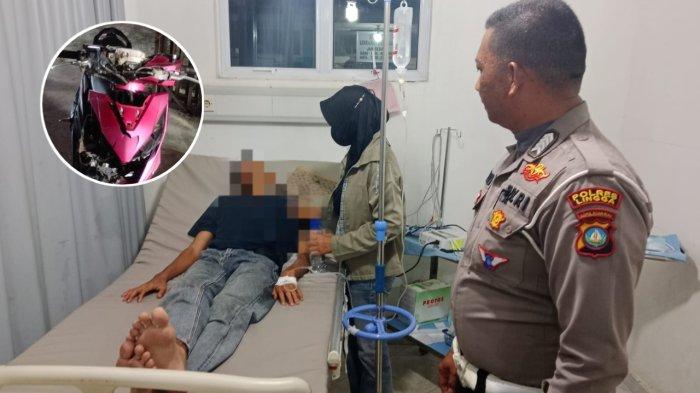 KECELAKAAN DI LINGGA - Sarizki Arian Putra (20), saat mendapatkan penanganan medis dI RSUD Dabo Singkep, Kabupaten Lingga, Provinsi Kepulauan Riau (Kepri), Selasa (3/6). Pemuda yang membawa motor matik ini terlibat lakalantas di Lingga dengan lansia membawa sepeda.