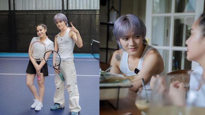 FOTO: Nagita Slavina dan Taeyong NCT di tengah lapangan tenis dan kompak bawa raket / Taeyong NCT tatap wajah Nagita Slavina saat ngobrol.