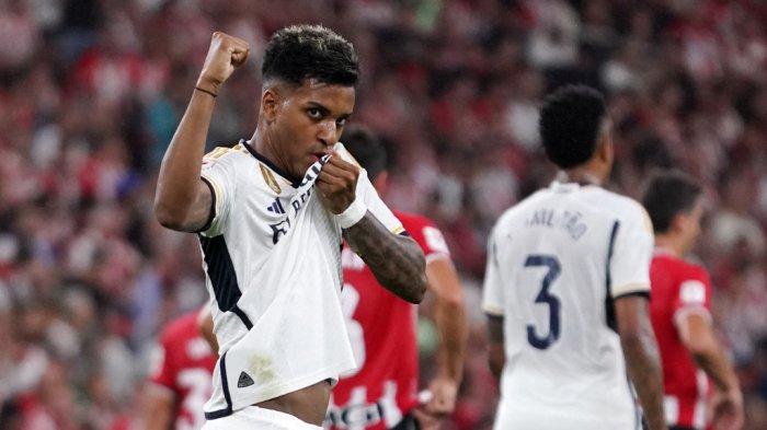 Real Madrid Menang - Striker Real Madrid asal Brazil Rodrygo selebrasi setelah cetak gol ke gawang Athletic Bilbao, di pekan 1 LaLiga Liga Spanyol 2023-2024 di Stadion San Memes, Sabtu (12/8/2023) malam atau Minggu dinihari WIB.
