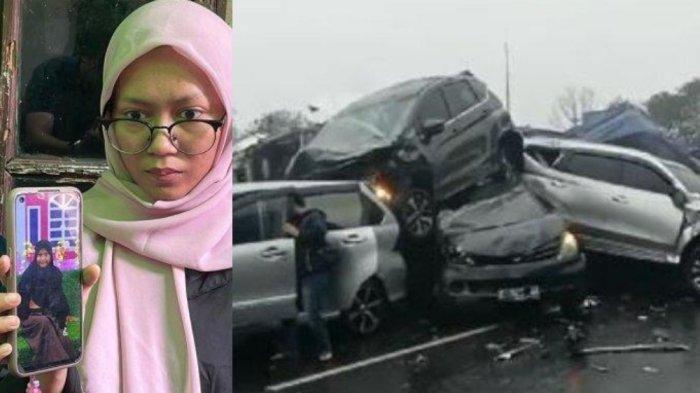 Sonia Aprilia (22), kakak pertama Amanda Marisa alias Sasa (13), korban tewas dalam insiden kecelakaan beruntun di KM 92, Tol Cipularang, Purwakarta, Jawa Barat; menunjukkan foto Sasa semasa hidup di rumah duka, Gang Harapan, Jalan Lenteng Agung RT 6 RW 7, Jakarta Selatan, Selasa (12/11/2024).