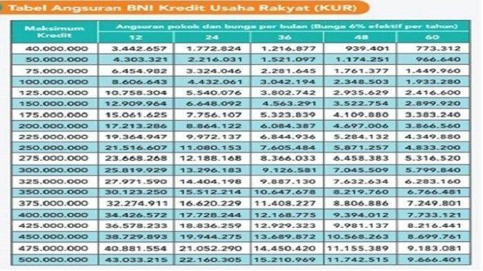 Tabel angsuran KUR BNI Rp 40 Juta - Rp 500 Juta.