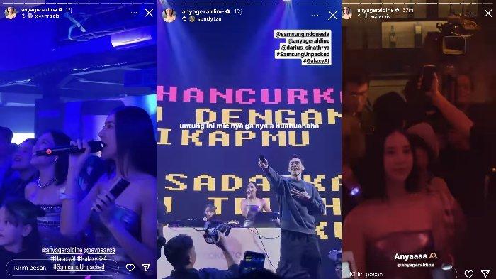 FOTO: Kolase Anya Geraldine bersama Pevita Pearce dan Darius Sinathrya karaoke di acara Samsung, sebagaimana diunggah di Instagram anyageradine, Kamis (18/1/2024).