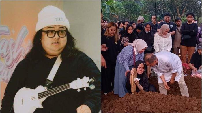 MUSISI GUSTIWIW - Gusti Irwan Wibowo atau akrab disapa Gustiwiw (kiri) semasa hidup dan suasana pemakaman Gustiwiw (kanan) di TPU) Jatisari, Bekasi, Jawa Barat, pada Minggu (15/6/2025). Gustiwiw meninggal dunia setelah terjatuh di kamar mandi penginapan.