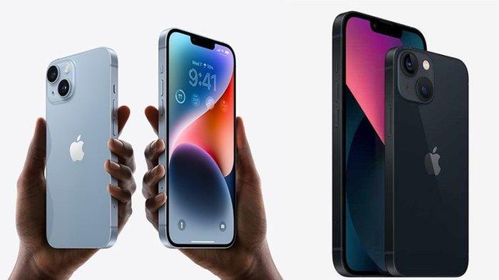 PENURUNAN HARGA iPHONE- Tangkapan layar iPhone 13 (kanan) dan iPhone 14 (kiri) dilansir dari iBox, Kamis (6/3/2025). Berikut harga HP iPhone 13 dan iPhone 14 yang sama-sama dibandrol Rp 9 Jutaan per Maret 2025.