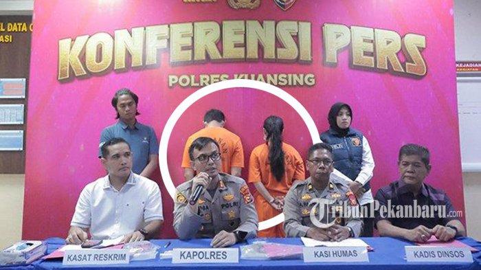 KASUS PENGANIAYAAN - Kapolres Kuansing AKBP Angga F Herlambang saat konferensi pers kasus penganiayaan yang dilakukan pengasuh terhadap anak perempuan usia 2 tahun di Mapolres Kuansing, Sabtu (14/6/2025).