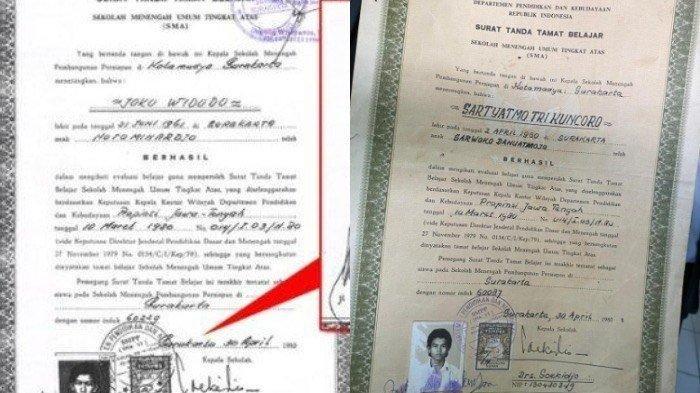 FOTO IJAZAH SMA 6 SOLO- (kiri) penampakan ijazah Jokowi ketika di SMA 6 Solo dan sebalah kanan foto ijazah milik Sartyatmo Kuncoro yang merupakan teman satu angkatan di tahun 1980. Foto ijazah itu ditampilkan saat teman Jokowi menghadiri sidang lanjutan ijazah di Pengadilan Negeri Solo, Senin (2/6/2025). Sekilas sama, tapi dari sisi penulisan latin agak beda.