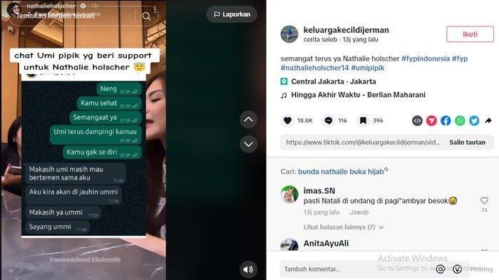 Tangkap layar isi chat Nathalie Holscher ke Umi Pipik yang mengaku takut dijauhi setelah lepas hijab