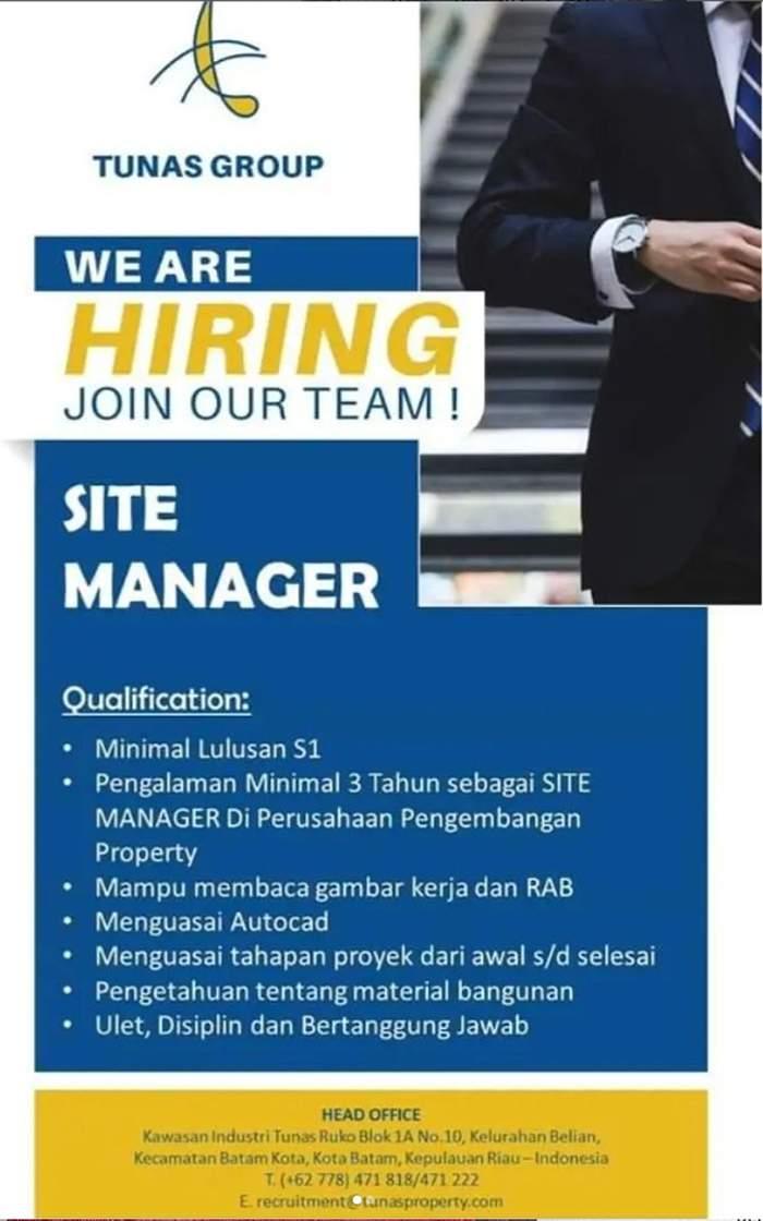 Lowongan Kerja Batam - Tunas Group buka lowongan kerja Site Manager, Rabu, 28 Agustus 2024