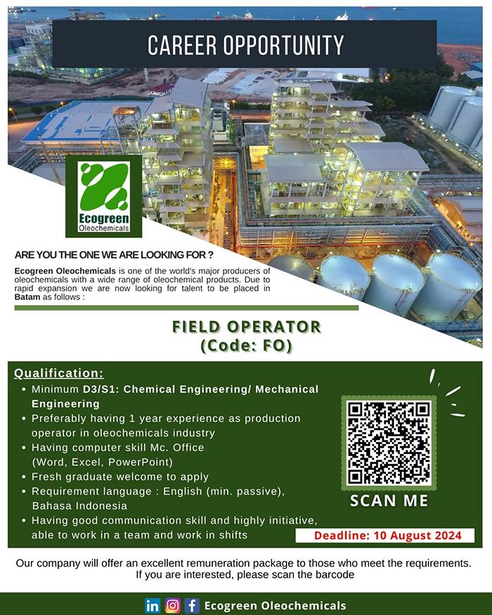 Lowongan Kerja Batam - PT Ecogreen Oleochemicals Batam buka loker Field Operator