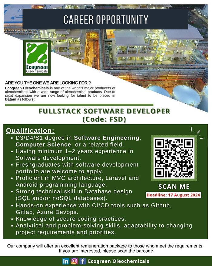 Lowongan Kerja Batam - PT Ecogreen Oleochemicals Batam buka loker Fullstack Software Developer
