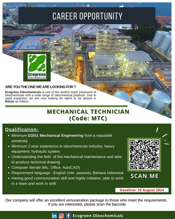 Lowongan Kerja Batam - PT Ecogreen Oleochemicals Batam buka loker Mechanical Technician
