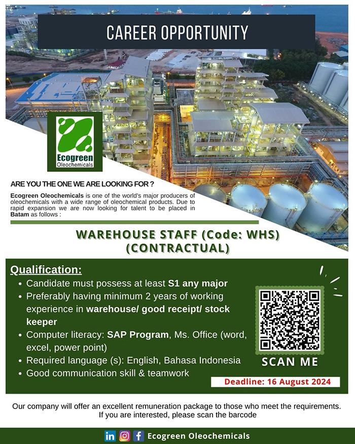 Lowongan Kerja Batam - PT Ecogreen Oleochemicals Batam buka loker Warehouse Staff