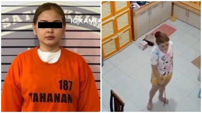 DTN (38), ibu yang cambuk anak di Medan saat ditangkap dan (kiri) Tangkap layar video viral saat DTN melakukan aksinya.
