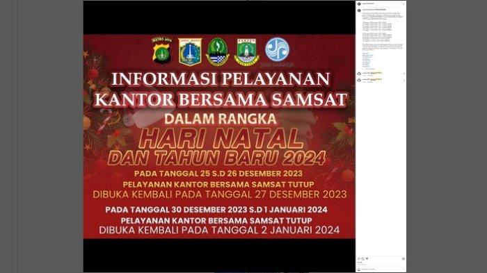 Dalam rangka libur nasional Natal dan Tahun Baru, pelayanan Samsat Keliling Kota Bekasi tutup sementara, layanan kembali buka pada 27 Desember 2023, dan 2 Januari 2024.