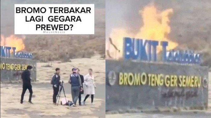 Pasangan pengantin sedang menggelar foto prewed dengan flare, akibatnya kawasan wisata Bromo kebakaran hebat.
