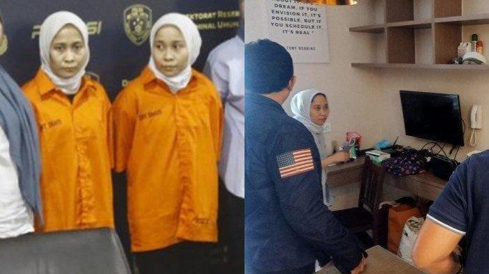 Rihana dan Rihani di Polda Metro Jaya, Selasa (4/7/2023) (kiri) dan saat mereka ditangkap di apartemen di Gading Serpong (kanan). Rihana Rihani juga menipu kakak iparnya yang diketahui seorang polisi bernama Sri.