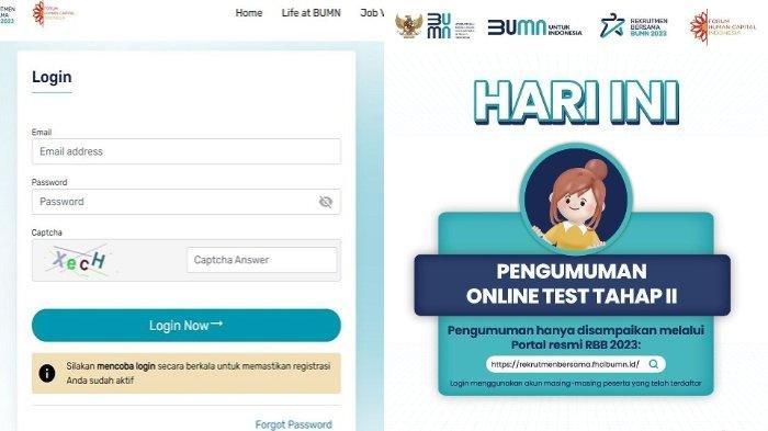 Pengumuman Tes Online Tahap 2 Rekrutmen Bersama BUMN 2023 Hari Ini. Berikut link pengumuman Tes Online Tahap 2 Rekrutmen Bersama BUMN 2023, lengkap dengan cara ceknya.