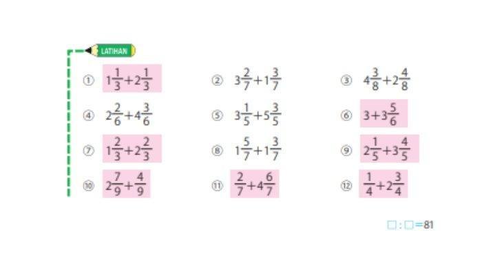Kunci jawaban Matematika Kelas 4 Vol 2 Halaman 81 Kurikulum Merdeka: Latihan Penjumlahan Pecahan