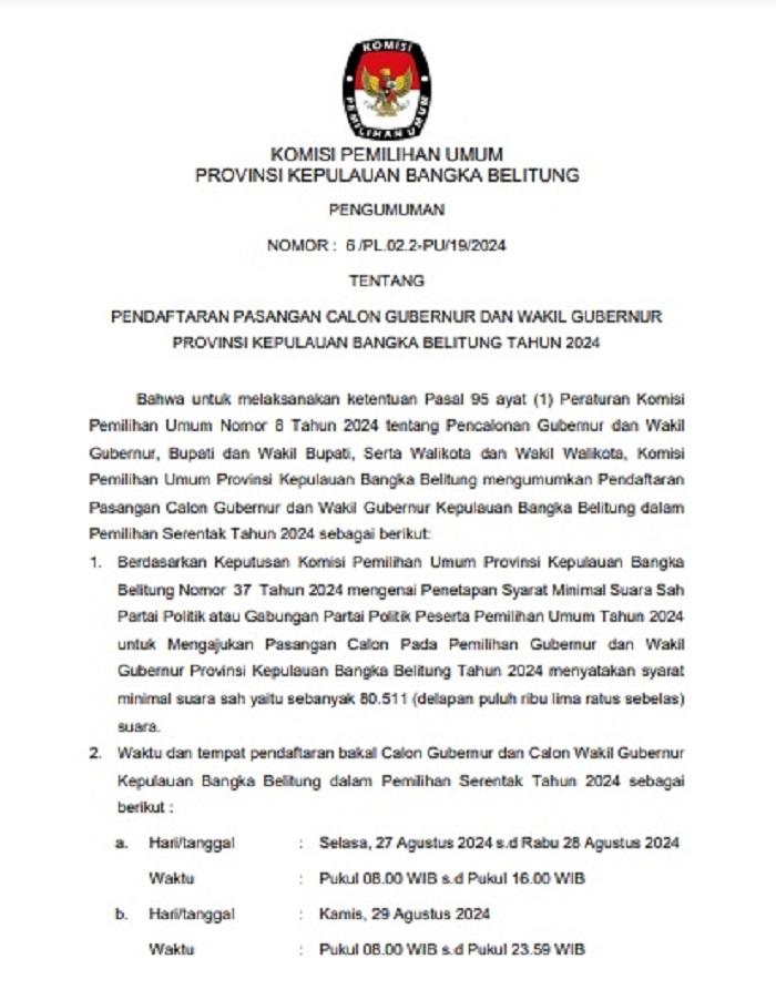 Pengumuman KPU NOMOR : 6 /PL.02.2-PU/19/2024 Hal 1