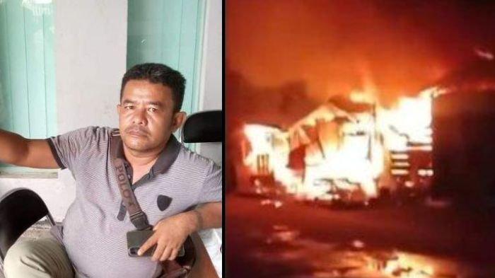 Kolase foto Sempurna Pasaribu dan ilustrasi kebakaran. Cerita Wartawan Karo Sempat Tak Pulang ke Rumah, Sebelum Tewas Terbakar Usai Liput Judi Online