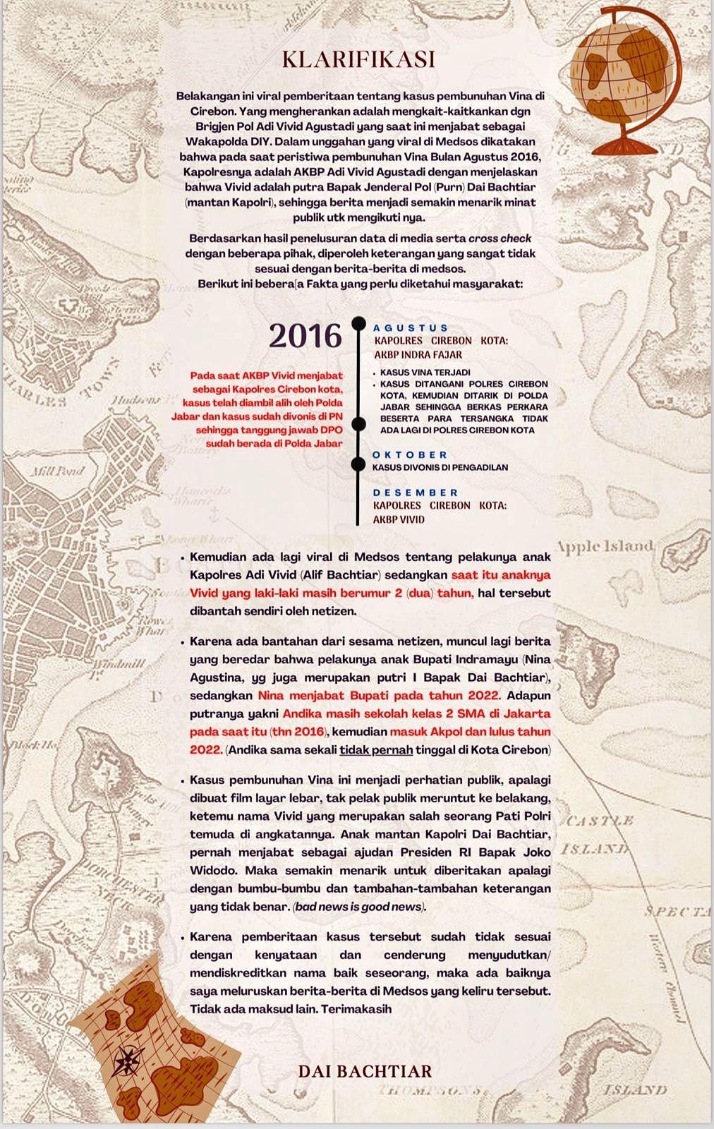 Selebaran Mantan Kapolri Jenderal Polisi Purn. Da'i Bachtiar, bantah keluarganya terlibat kasus Vina Cirebon.