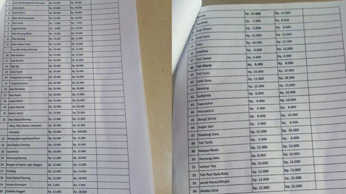 Daftar harga makanan dan minuman di warung Puncak Bogor yang sudah disepakati sejak Juni 2021.