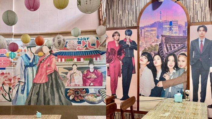 KULINER BOGOR - Dekorasi interior Nanda Kitchen di Jalan Manunggal Bakti No. 9, Kebon Pedes, Bogor, memanjakan pengunjung dengan nuansa Korea yang autentik. Tampak mural hanbok tradisional dan poster grup K-pop seperti Blackpink dan BTS yang menjadi daya tarik visual bagi penggemar budaya Korea.