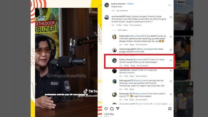 Inisial D dan A di kasus Subang pernah disebutkan Dokter Hastry, ahli forensik yang menangani kasus pembunuhan ibu dan anak.