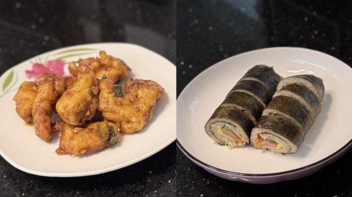 KULINER BOGOR - Dua menu andalan Nanda Kitchen di Jalan Manunggal Bakti No. 9, Kebon Pedes, Bogor. Tampak yangnyeom chicken bercita rasa pedas gurih dan kimbap berisi sayur serta daging yang menggugah selera, menjadi favorit pelanggan setia.