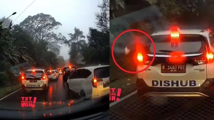 Mobil Dishub pelat Jakarta terekam kamera dashbord buang sampah sembarangan di Jalur Puncak Bogor, Minggu (14/4/2024).