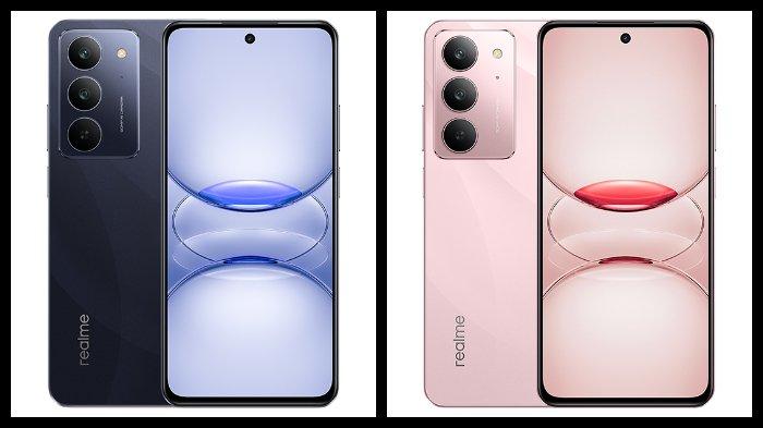 HP REALME - Ilustrasi HP Realme C75x warna Oceanic Blue dan Coral Pink.