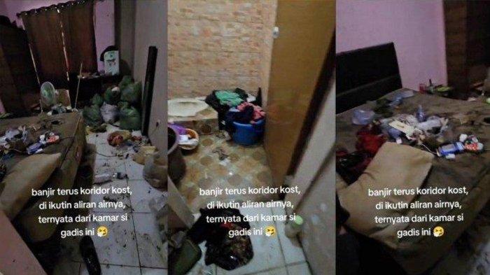 Penampakan kamar kosan penuh sampah yang ditempati oleh seorang wanita. Pemilik kosan sampai terkaget-kaget melihat sampah menggunung