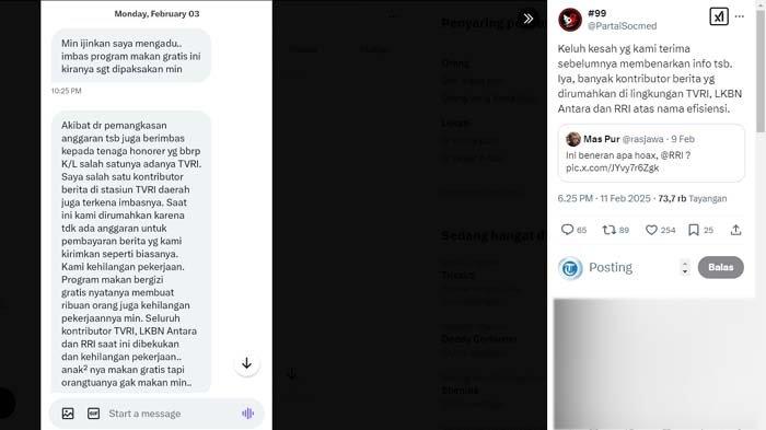 PEGAWAI TVRI DIRUMAHKAN: Tangkapan layar jurnalis TVRI curhat setelah dirumahkan, Rabu (12/2/2025). Sederet curhatan pilu jurnalis TVRI yang kena imbas efisiensi anggaran viral. Mereka rela alih profesi demi bertahan hidup setelah dirumahkan.
