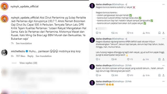 KASUS KORUPSI PERTAMINA: Tangkapan layar artis Michelle Ziudith (kiri) dan Darius Sinathrya (kanan) menanggapi heboh kasus korupsi Dirut Pertamina Patra Niaga Riva Siahaan (tengah), Rabu (26/2/2025)