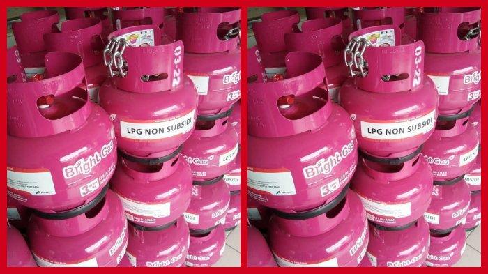 GAS ELPIJI 3 KG NON SUBSIDI - Sebuah foto yang memperlihatkan tabung gas elpiji 3 kilogram dengan warna pink serta tulisan non subsidi dan Bright Gas.