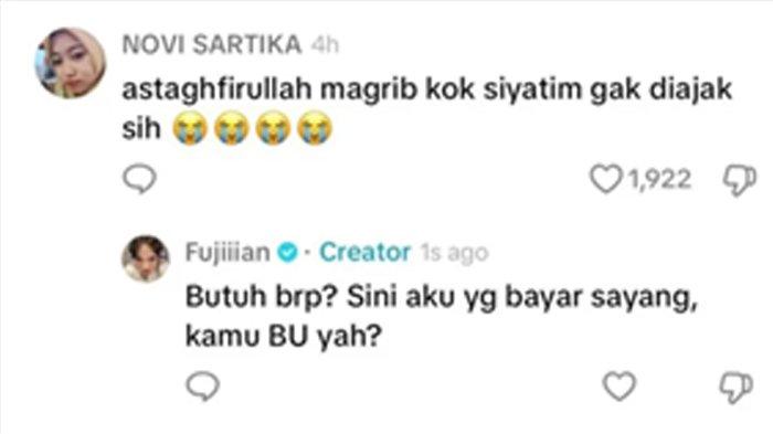 Fuji balas komen Novi Sartika yang mengatainya Maghrib dan menghina Gala sebagai anak yatim.
