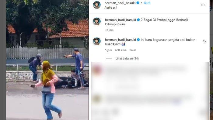 POLISI TANGKAP BEGAL: Tangkapan layar detik-detik saat Aipda Andik Muhyeni berhasil melumpuhkan 2 begal di Probolinggo pada Sabtu (22/3/2025). Sang istri (wanita berjilbab) ternyata ikut membantu saat suaminya, Aipda Andik sedang menangkap begal.