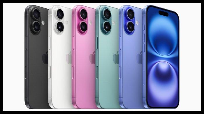 HP IPHONE - Ilustrasi HP iPhone 16 Plus dalam warna Black, White, Pink, Teal, dan Ultramarine.