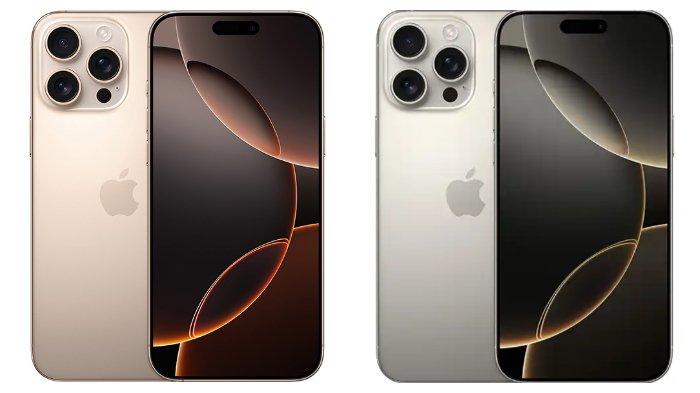 HP IPHONE - Ilustrasi HP iPhone 16 Pro Max warna Desert Titanium dan Natural Titanium.