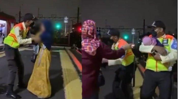 momen menegangkan ketika seorang ibu hendak membuang bayinya ke rel di Stasiun Pasar Minggu. Petugas di stasiun terlihat membujuk ibu-ibu tersebut agar menghentikan aksinya. (TikTok akaross)