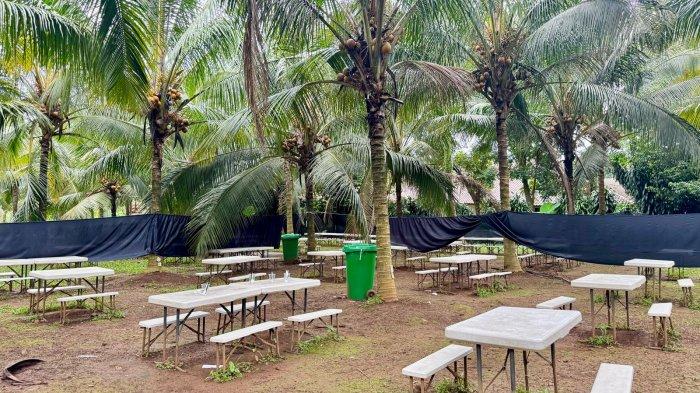 UMKM BOGOR - Area makan Kopyor Bogor berlokasi di Jl. Jabaru II, Pasirkuda, Bogor. Tempat ini menawarkan suasana asri di tengah kebun kelapa, memberikan pengalaman bersantap yang nyaman bagi pengunjung.