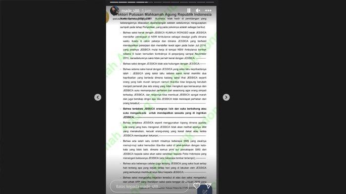 Kembaran mendiang Mirna Salihin, Sandy Salihin memosting soal sifat asli Jessica Wongso yang dituangkan dalam putusan Pengadilan Negeri Jakarta Pusat di tahun 2016