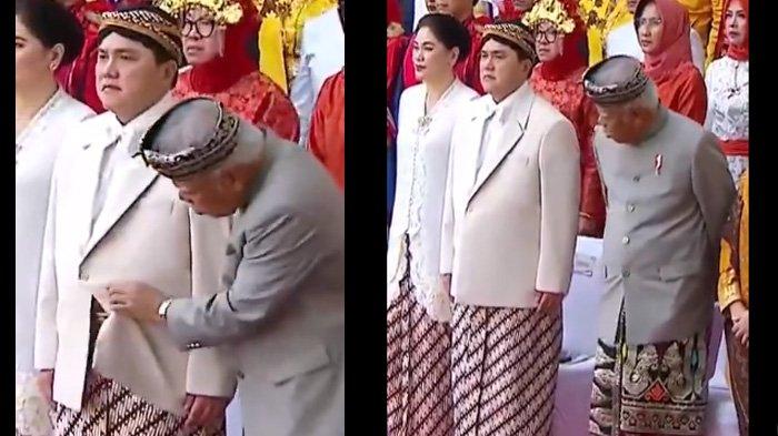 Aksi kocak Basuki Menteri PUPR saat isengi Menteri BUMN Erick Thohir di upacara HUT RI Istana Negara, Kamis (17/8/2023) viral hingga trending di Twitter