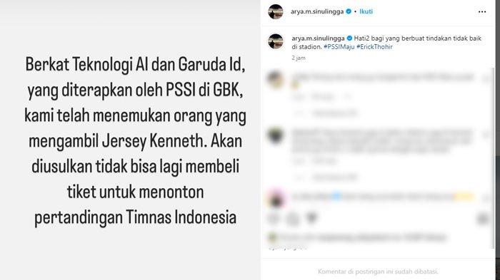 JERSEY MARSELINO DIREBUT: Tangkapan layar postingan EXCO PSSI Arya Sinulingga soal identitas bapak-bapak yang ambil jersey Marselino Ferdinan dari Kenneth terkuak. Pelaku diganjar 2 sanksi tegas oleh PSSI.